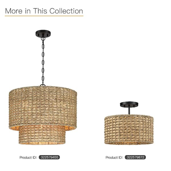 Elis 13.6 in. 2-Light Natural Rattan Semi-Flush Mount Ceiling Light with Black Canopy