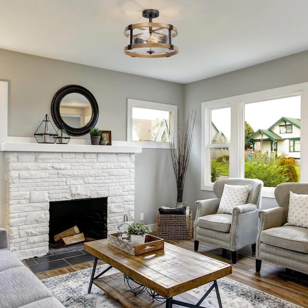 Drum Semi Flush Mount 2-Light Black Modern Bedroom Ceiling Lighting with Round Seedy Glass and Wood Grain Finish