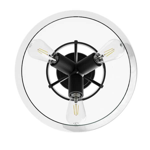 14 in. 3-Light Matte Black Semi-Flush Mount with Clear Glass Shade