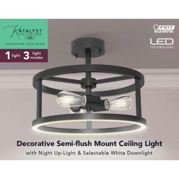 Katalyst 15 in. 3-Light Matte Black Color Choice Selectable CCT LED with Night Light Semi-Flush Mount Ceiling Light