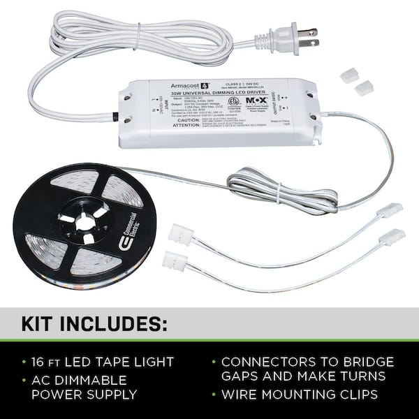 16 ft. LED AC Dimmable White Tape Light Kit Under Cabinet Light