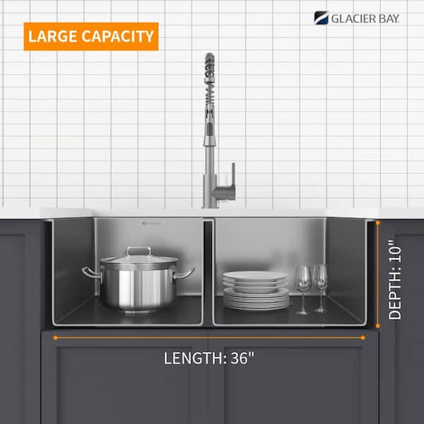 Gunmetal Black Stainless Steel 36 in. 18-Gauge Double Bowl Farmhouse Kitchen Sink with Black Spring Neck Faucet