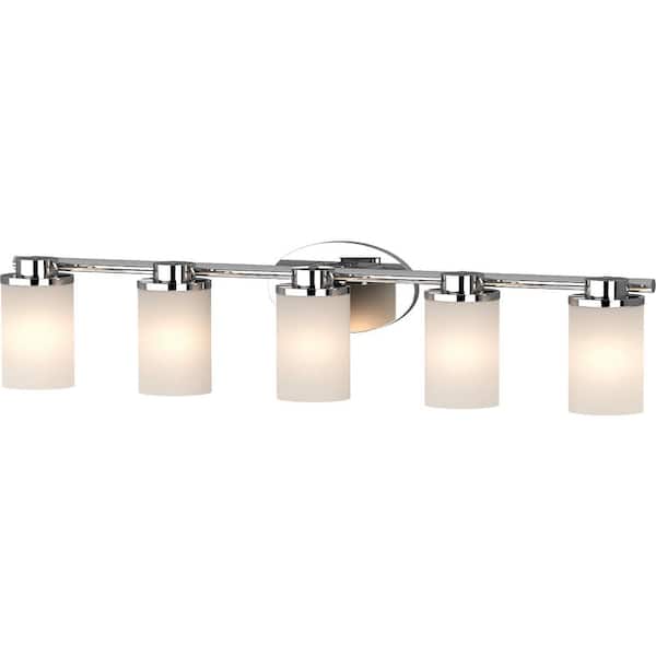 Sharyn 5-Light 8.25 in. Chrome Indoor Bathroom Vanity Wall Sconce or Wall Mount with Frosted Glass Cylinder Shades