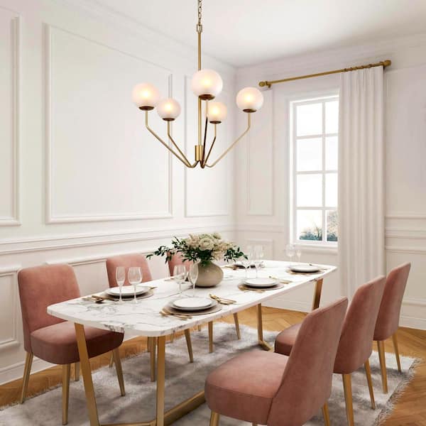 Mid-Century Modern Living Room Chandelier 5-Light Brass Gold Globe Chandelier with Frosted Glass Shades