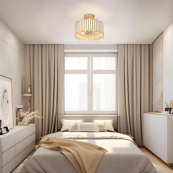 Modern 13 in. 3-Light Gold Drum Semi-Flush Mount with White Stained Glass Shade