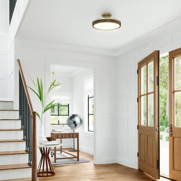 Kevan 13.76 in. Champagne Gold and Wood Frame LED Integrated Semi-Flush Mount with Shade