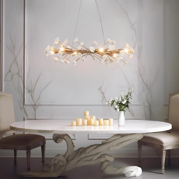 Modern Gold Bedroom Kitchen Chandelier Light, 32 in. 6-Light Linear Dining Room Hanging Light with White Ceramic Flowers