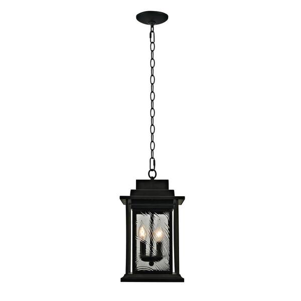 2-Light Transitional Outdoor Pendant with Watered Glass, Dark Bronze