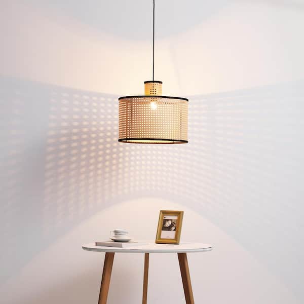 Modern Bohemian 1-Light 2-Tier Pendant Light, PVC Rattan Shade With Velvet Rim