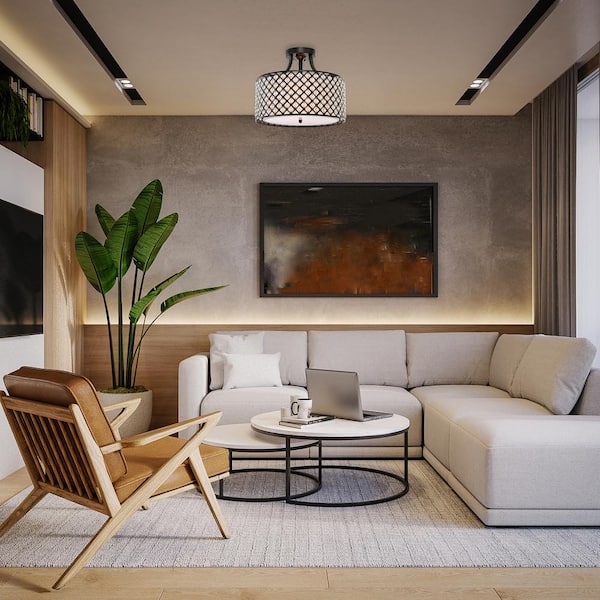 Belle 15 in. 3-Light Glam Antique Black Semi-Flush Mount with Crystal Beaded Drum Shade