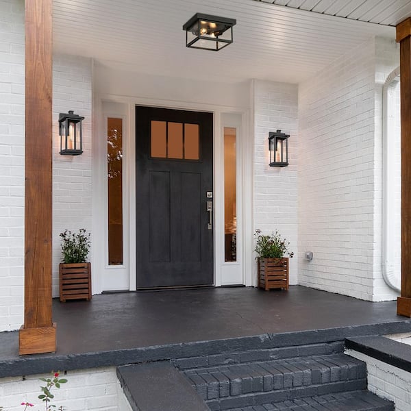 Modern 2-Light Matte Black Flush Mount Outdoor Ceiling Light with Clear Glass Shade for Front Porch Roof Lighting