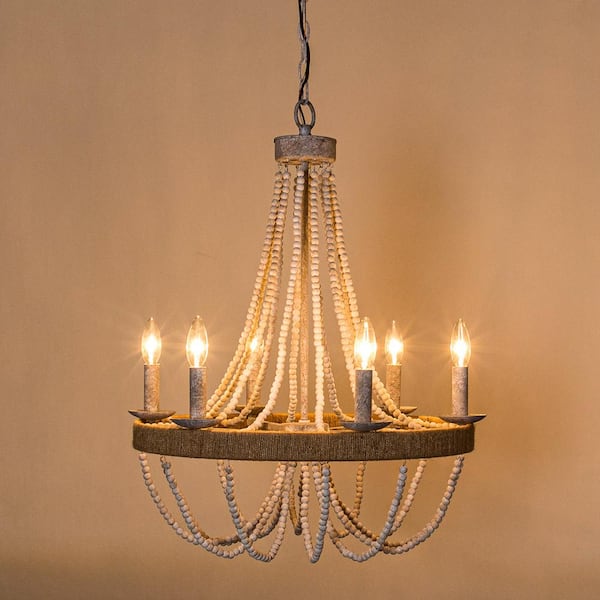 Farmhouse 6-Light Distressed White Wood Beaded Bohemia Chandelier with Adjustable Chain