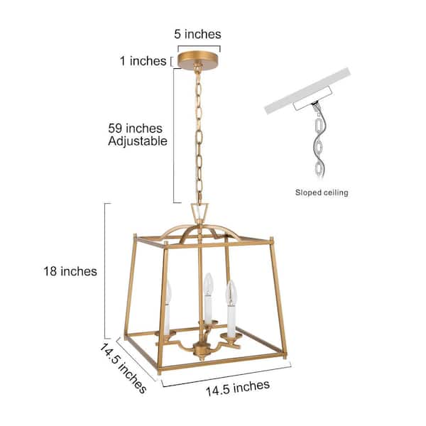 14.5 in. 3- -Light Modern Gold Lantern Chandelier with Geometric Cage