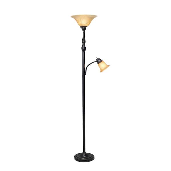 71 in. Restoration Bronze and Amber Torchiere Floor Lamp with 1 Reading Light and Marble Glass Shades