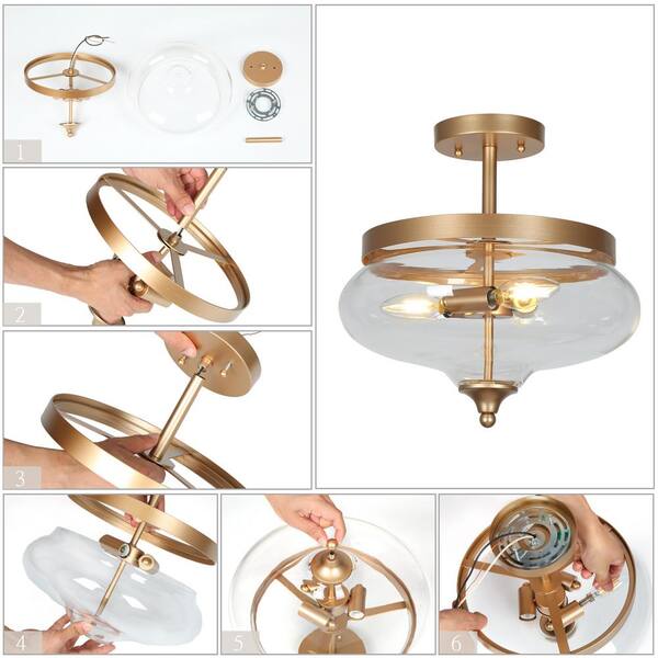 Modern Gold Center-Bowl Bedroom Ceiling Light 3-Light Round Living Room Semi-Flush Mount Light with Clear Glass Shade
