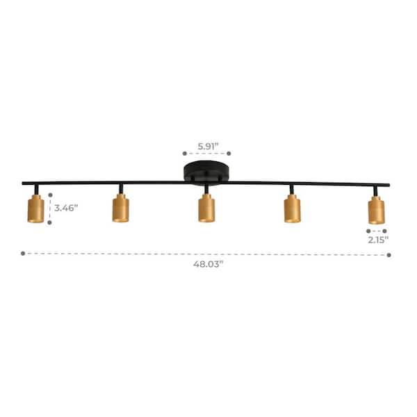 4 ft. 2450 Lumens Black and Brass Modern LED Track Light, 7-Watt 5-Bulb Fixed Rail with Rotating Heads, 3000K
