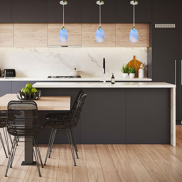 1-Light Oval Nickel Hand Blown Blue Glass Shade Pendant (Pack of 3)