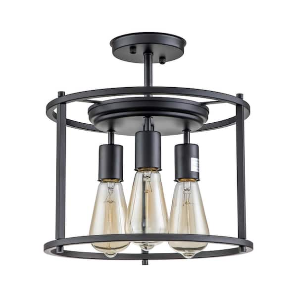 12 in. 3-Light Black Drum Cage Semi-Flush Mount Light