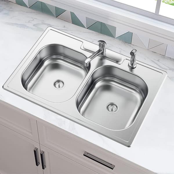 Drop-In Stainless Steel 33 in. 4-Hole Double Bowl Kitchen Sink
