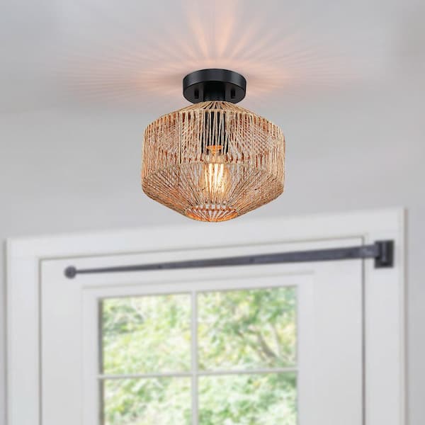 10.2 in. 1-Light Bohemian Natural Jute Rope Semi-Flush Mount Ceiling Light with Black Hardware