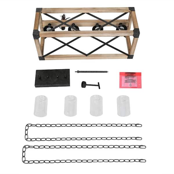 Farmhouse Wood Island Chandelier, Distressed Black Hanging Ceiling Light 4-Light Modern Pendant with Clear Glass Shades