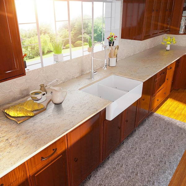 White Fireclay 32 in. Double Bowl Farmhouse Apron Front Kitchen Sink