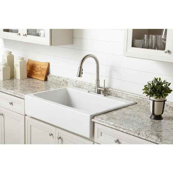 Josephine 34 in. 3-Hole Quick-Fit Drop-In Farmhouse Single Bowl Crisp White Fireclay Kitchen Sink with Strainer Drain
