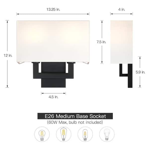 Celina 13 in. 2-Light Black Wall Sconce Light With White Fabric Shade