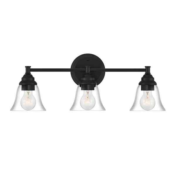 Marsden 23.5 in. 3-Light Matte Black Transitional Vanity with Clear Glass Shades