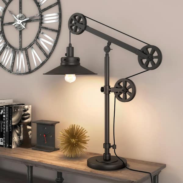 Descartes 29 in. Blackened Bronze Wide Brim Table Lamp with Pulley System