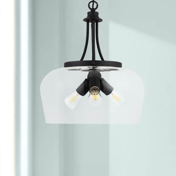 3-Light Matte Black Dome Pendant Light with Glass Shade