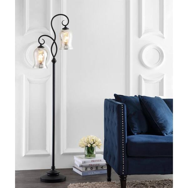Claudia 63.5 in. Black Floor Lamp with Silver/Ivory Lantern Glass Shade