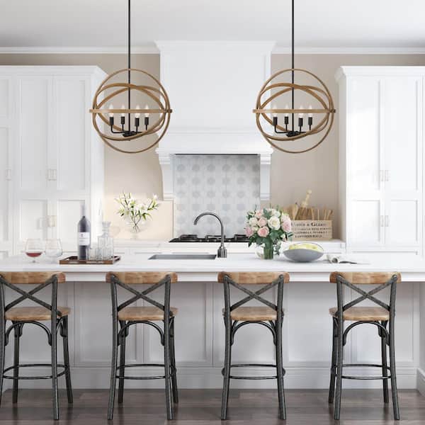 Farmhouse Chandelier 4-Light Globe Cage Classic Black Candlestick Island Pendant Chandelier with Faux Wood Accent