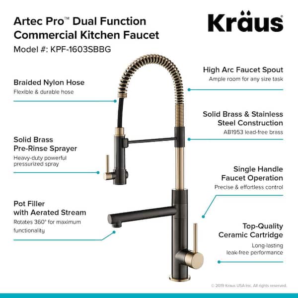 Artec Pro Single Handle Pull Down Sprayer Kitchen Faucet with Pot Filler in Black Stainless Steel/Brushed Gold