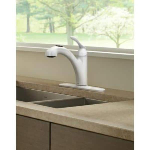 Banbury Single Handle Deck Mount Pull Out Sprayer Kitchen Faucet with Power Clean Deckplate Included in Matte White