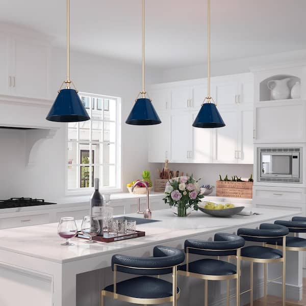 Modern Coastal Blue Mini Gold Pendant Light 0.7 ft. 1-Light Industrial Farmhouse Island Chandelier with Navy Blue Shade