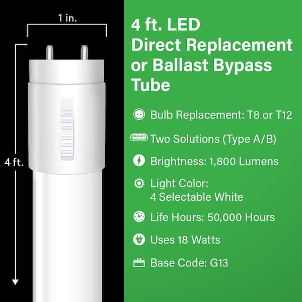 18-Watt 4 ft. G13 Type AB T8 Plug and Play Or T8/T12 Ballast Bypass Linear LED Tube Light Bulb Selectable White(10-Pack)
