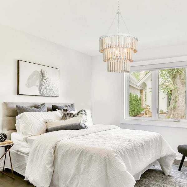 Modern 18.5 in. 3-Light Antique White Wooden Chandelier, Coastal Bedroom Chandelier, Farmhouse Hanging Pendant Light