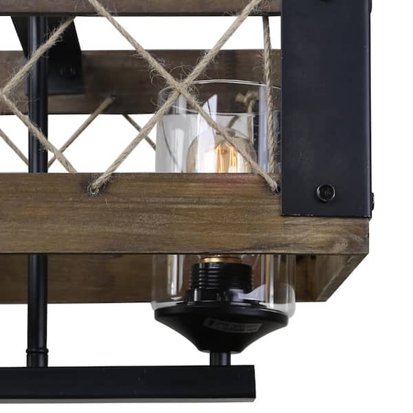 Modern Farmhouse Chandelier 32 in. W Black Rectangular Dining Room Chandelier, 5-Light Kitchen Island Wood Pendant Light