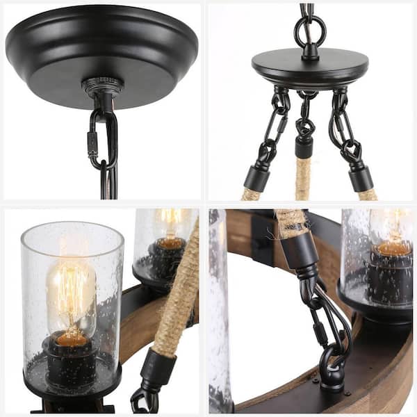 Farmhouse Chandelier 6-Light Black Wagon Wheel Wood Island Chandelier with Clear Seeded Glass Shade and Rope Accents