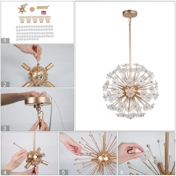 Modern Gold Sputnik Bedroom chandelier, 6-Light Dining Room Island Pendant Light Fixture with Flower Glasses