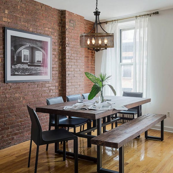 Black Drum Chandelier 4-Light Candlestick Dark Brown Farmhouse Round Pendant with Open Cage Frame and Wood Accent