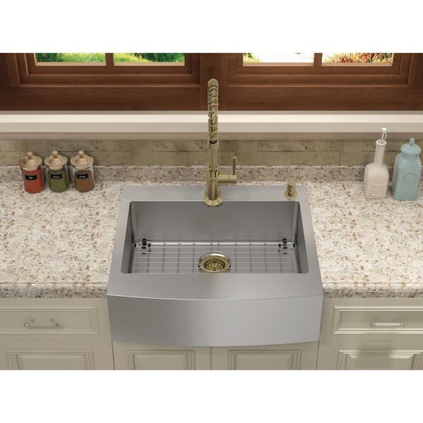 Retrofit Drop-In Stainless Steel 27 in. 2-Hole Single Bowl Curved Farmhouse Apron Front Kitchen Sink