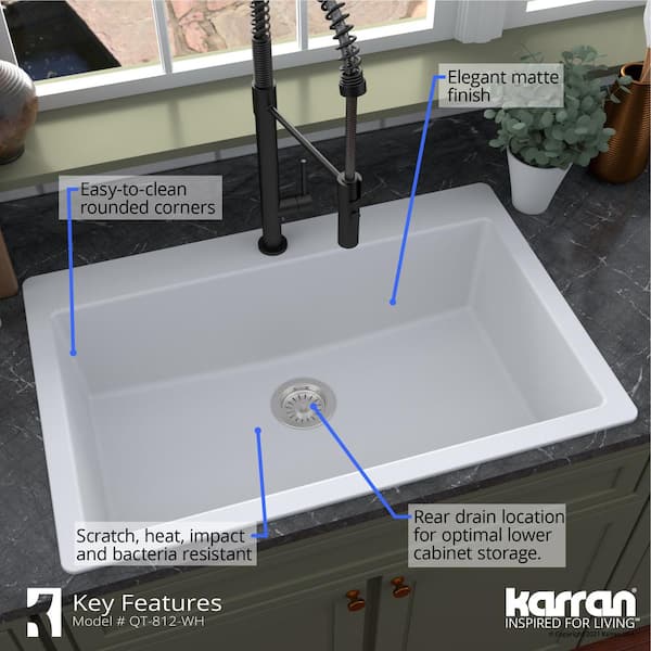 QT-812 Quartz 33 in. Large Single Bowl Drop-In Kitchen Sink in White