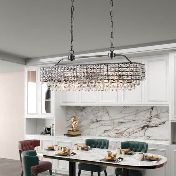5-Light Kitchen Island Rectangle Chandelier with Crystal Accents