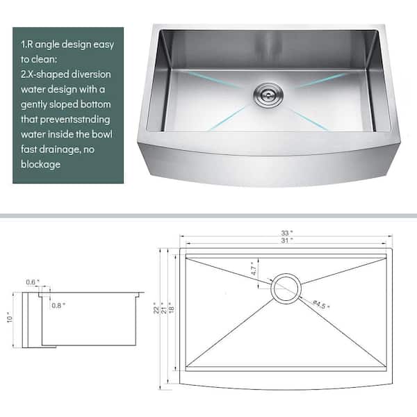 Brushed Nickel 16 Gauge Stainless Steel 33 in. Single Bowl Farmhouse Apron Kitchen Sink with Bottom Grid
