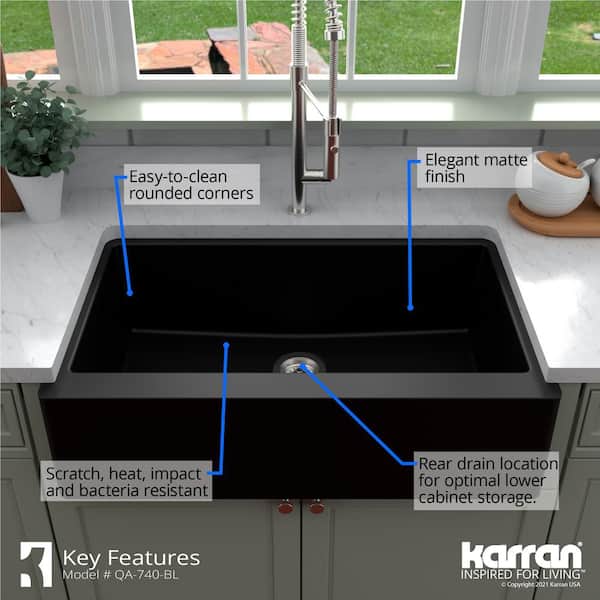 Farmhouse/Apron-Front Quartz Composite 34 in. Single Bowl Kitchen Sink in Black