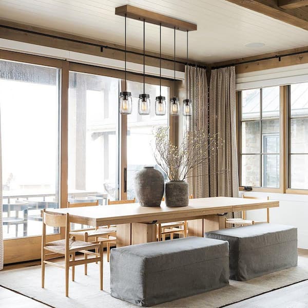 Modern Farmhouse Wood DIY Island Chandelier 5-Light Industrial Dark Brown Linear Pendant Light with Mason Jar Shade