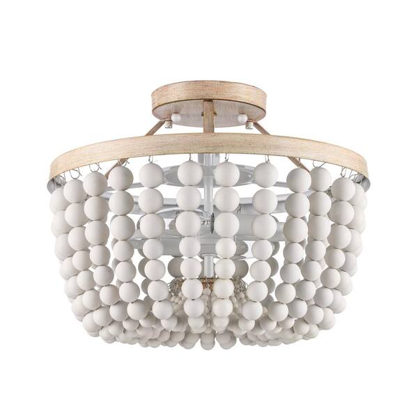 Cayman 13 in. 2-Light White and Faux Wood Beaded Semi-Flush Mount Ceiling Light Fixture with Beaded Shade