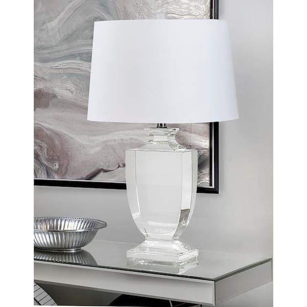 26 in. Clear Crystal Table Lamp with Chrome Accents and White Linen Shade